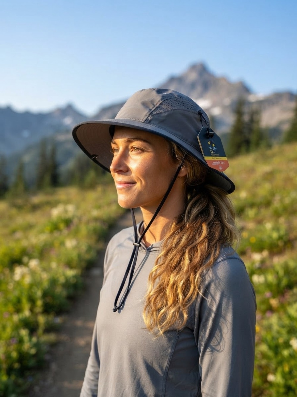 Women's Grey Boonie Sun Hat with Chin Cord